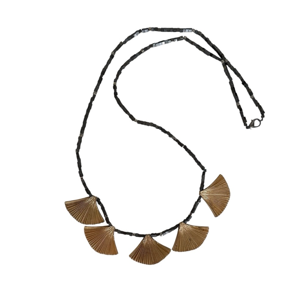 90s Vintage Statement Necklace Ginko Fan Leaves Stone Beads